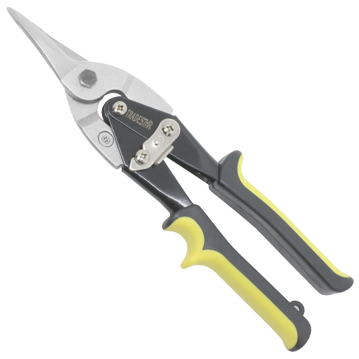 Tesoura de aviação para chapa Corneta 10 polegadas, ideal para cortes retos em chapas de aço e aço inoxidável. Ferramenta manual com cabo ergonômico e trava de segurança, perfeita para funileiros, serralheiros e projetos DIY.