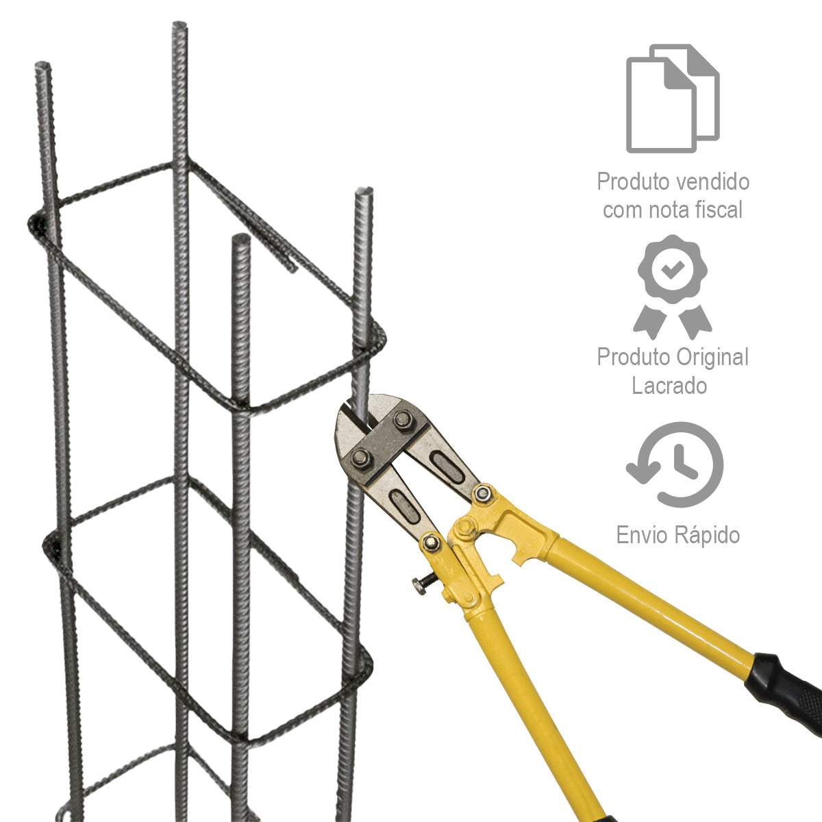 Tesoura alicate corta vergalhão 450mm (18 polegadas) cortando vergalhão de aço. Ferramenta ideal para cortar ferro, aço e cadeados. Produto original, com nota fiscal e envio rápido.