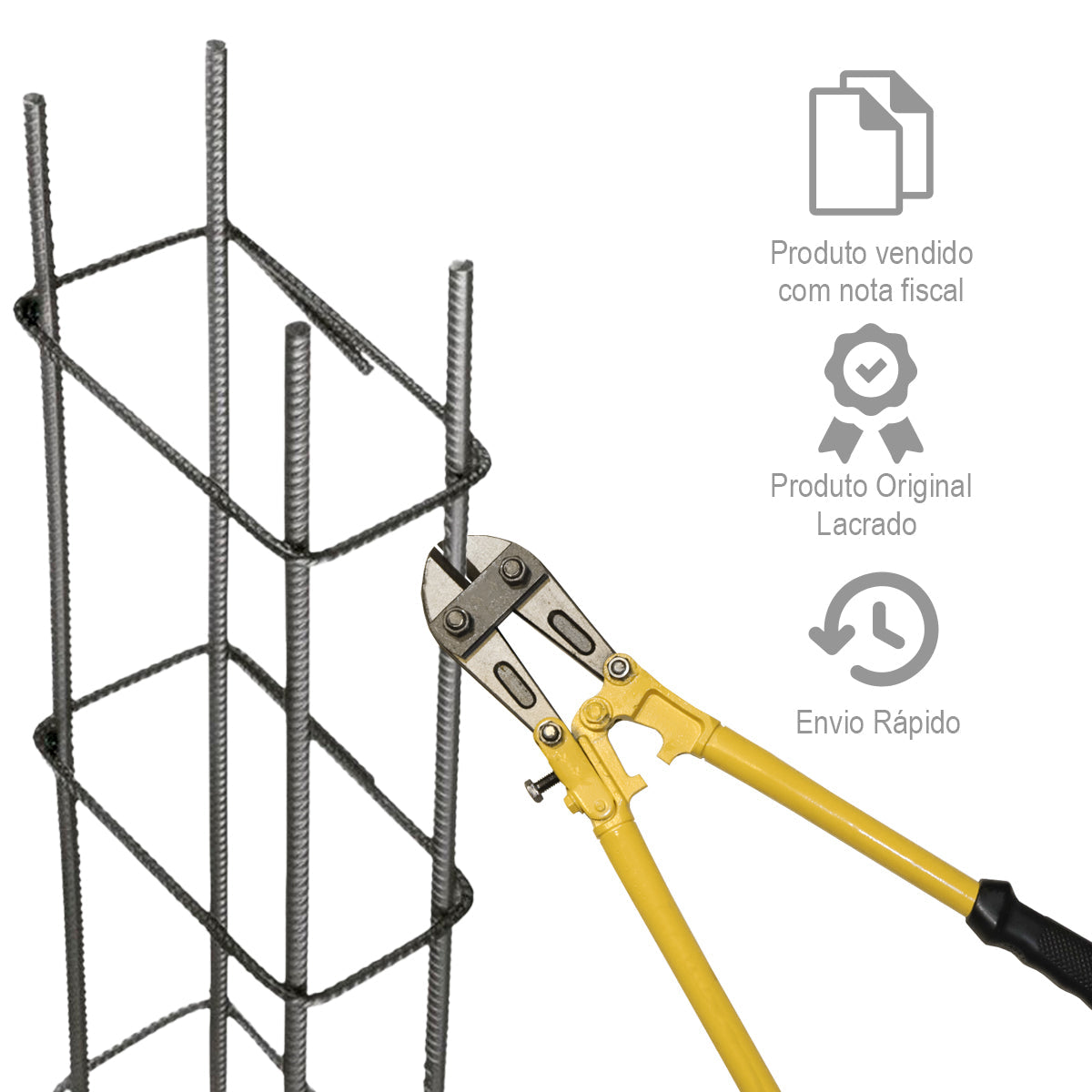 Tesoura alicate corta vergalhão 600mm (24 polegadas) cortando vergalhão de aço em obra. Ferramenta profissional para corte de ferro e aço, ideal para construção civil, segurança e projetos personalizados. Produto original, com nota fiscal e envio rápido.
