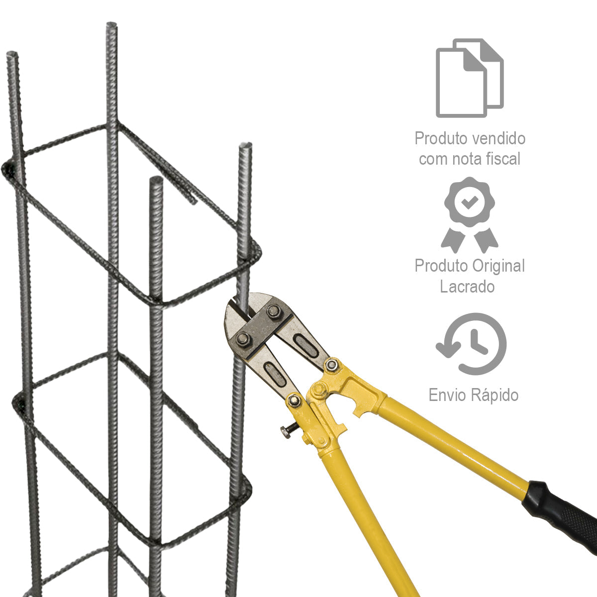 Tesoura alicate corta vergalhão 750mm (30") cortando vergalhão de aço em obra, com detalhes de produto original lacrado, envio rápido e venda com nota fiscal.