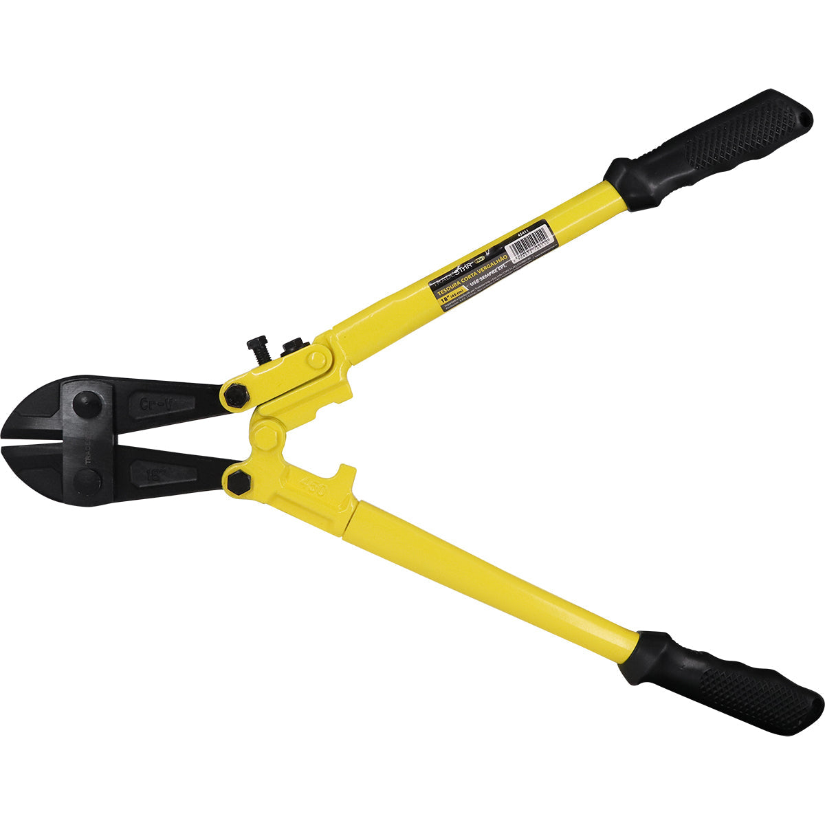 Tesoura Alicate Corta Vergalhão Pro 18" CRV Tradestar - Ferramenta manual amarela e preta para corte de vergalhões de aço, ideal para construção civil e serralheria. Possui design ergonômico e lâmina de aço carbono.
