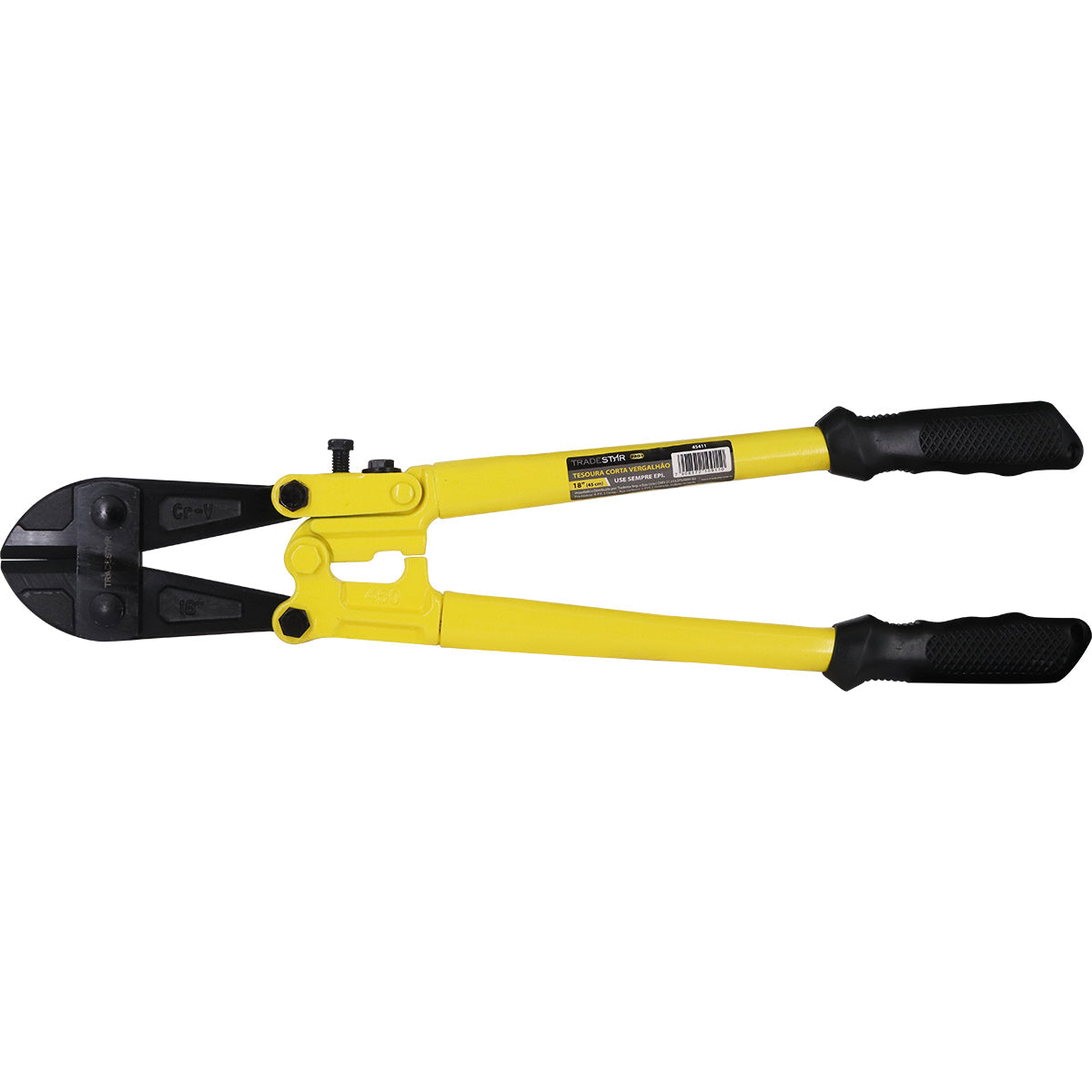 Tesoura Alicate Corta Vergalhão Pro 18" CRV Tradestar, ferramenta manual amarela e preta para corte de vergalhões de aço, ideal para construção civil e serralheria. Possui design ergonômico e lâminas de aço carbono.