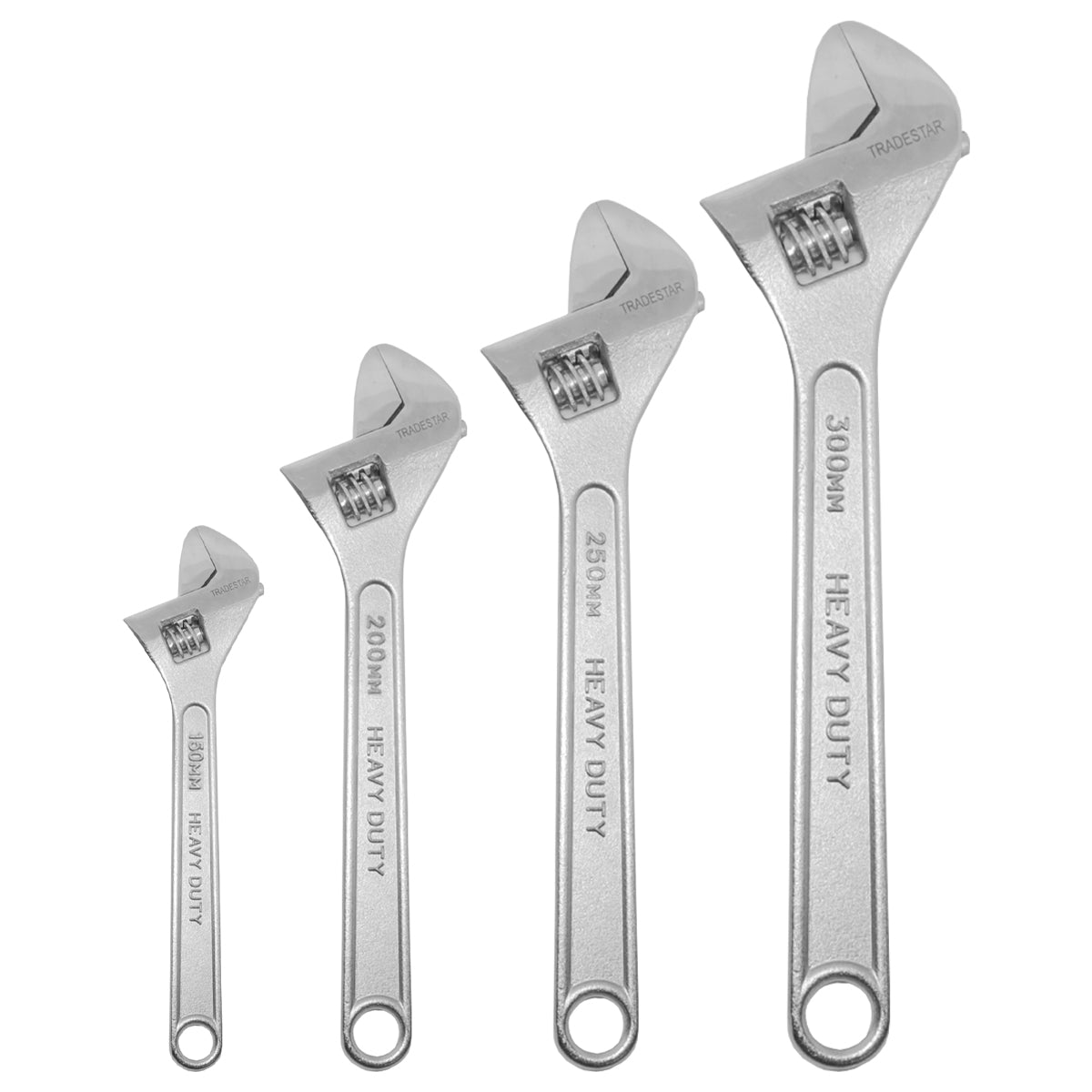 Kit 4 Chaves Ajustável Inglesa Tradestar: 6, 8, 10 e 12 polegadas. Ferramentas manuais de aço cromado, ideais para aperto e ajuste de porcas e parafusos em diversos tamanhos. Inclui chaves de 130mm, 200mm, 250mm e 300mm Heavy Duty.