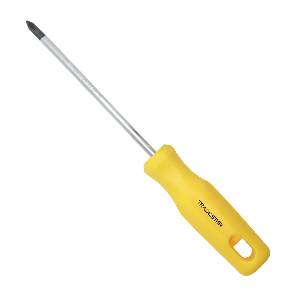 Chave Phillips 1/4x5" Ponta Imantada Tradestar, com cabo ergonômico amarelo e haste de aço cromo vanádio. Ferramenta ideal para parafusar com precisão e durabilidade em diversos projetos de manutenção e montagem.