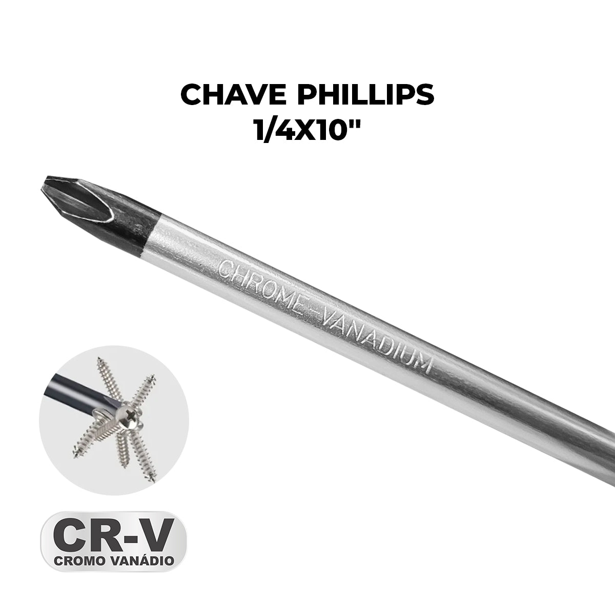 Chave Phillips 1/4x10" Ponta Imantada Tradestar, fabricada em aço cromo vanádio, ideal para trabalhos de precisão. Possui ponta magnetizada, cabo ergonômico e design resistente para uso profissional e doméstico. Ferramenta durável e eficiente para montagem e manutenção.