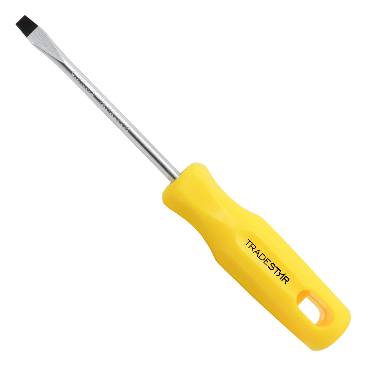 Chave de Fenda 1/4x4" Ponta Imantada Tradestar, ferramenta manual com cabo ergonômico amarelo e haste de aço cromo vanádio, ideal para trabalhos de precisão e manutenção. Possui ponta magnetizada para facilitar o uso.