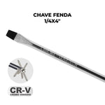 Chave de Fenda 1/4x4" Ponta Imantada Tradestar em aço cromo vanádio, ideal para precisão e durabilidade em trabalhos de manutenção e montagem. Ferramenta com ponta magnetizada para melhor fixação de parafusos.