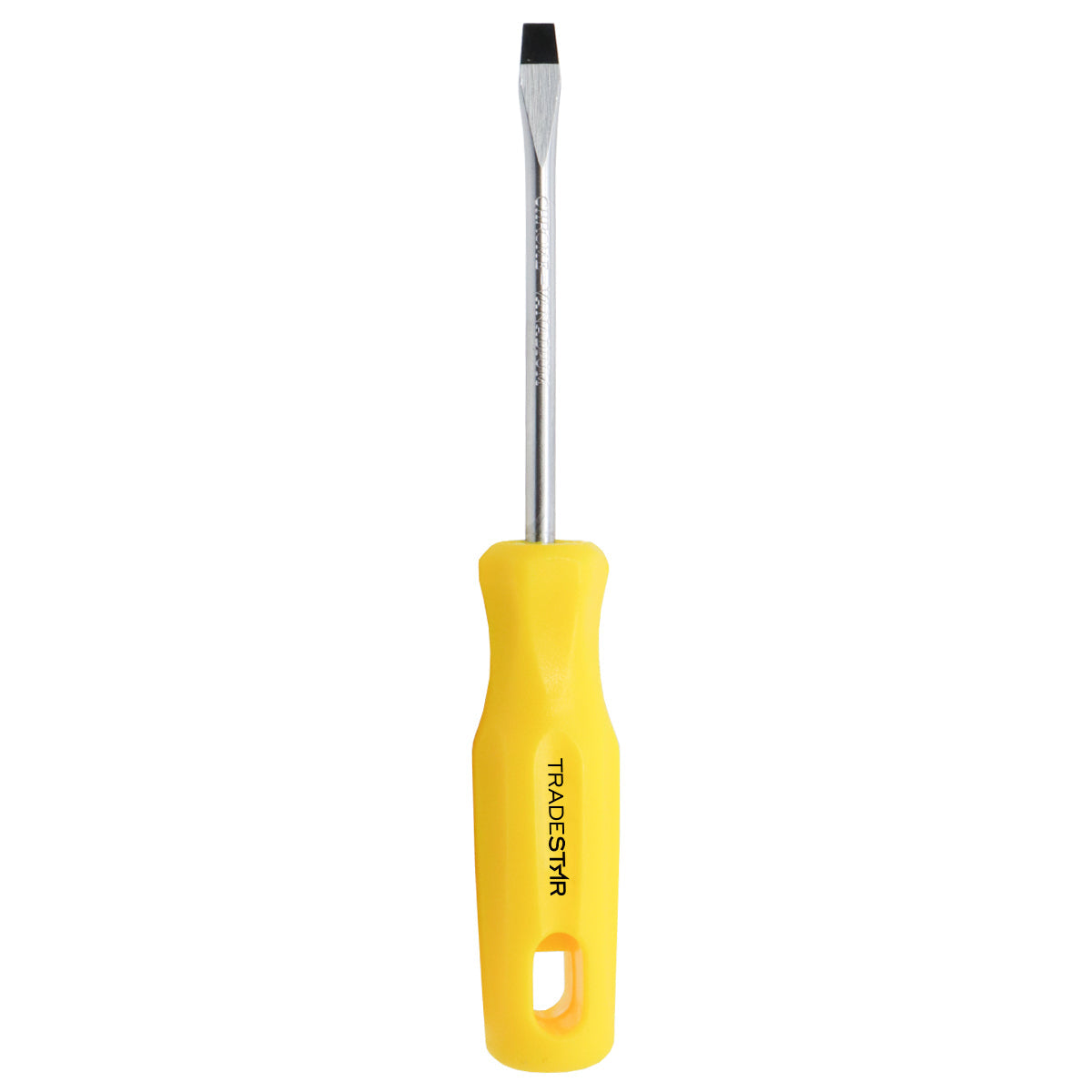 Chave de Fenda 1/4x4" Ponta Imantada Tradestar - Ferramenta manual com ponta chata, cabo amarelo ergonômico e haste de aço cromado. Ideal para parafusar e manutenção em geral. Possui ponta magnetizada para facilitar o uso.