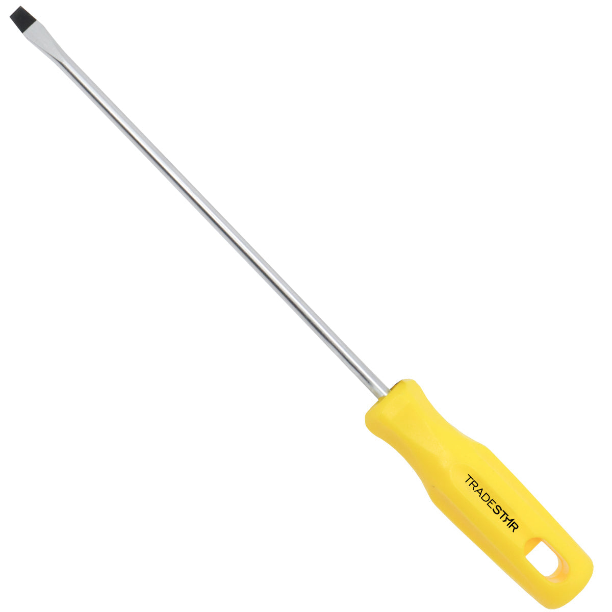 Chave de Fenda Tradestar 1/4x8 polegadas com ponta imantada, cabo ergonômico amarelo. Ferramenta manual ideal para parafusar e manutenção, feita em aço cromo vanádio, durável e precisa.