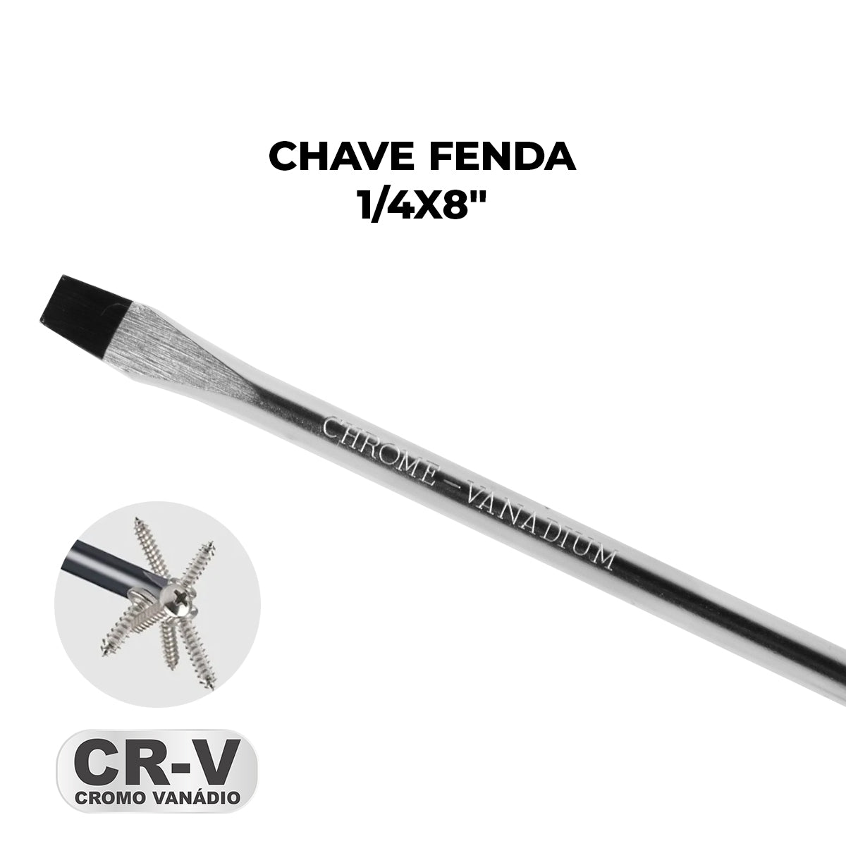 Chave de Fenda 1/4x8" Ponta Imantada Tradestar em aço cromo vanádio, ideal para parafusar. Ferramenta manual com ponta magnetizada, cabo ergonômico e durabilidade para uso profissional e doméstico. Inclui detalhe da ponta e parafusos, além da identificação CR-V Cromo Vanádio.