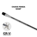 Chave de Fenda 1/4x8" Ponta Imantada Tradestar em aço cromo vanádio, ideal para parafusar. Ferramenta manual com ponta magnetizada, cabo ergonômico e durabilidade para uso profissional e doméstico. Inclui detalhe da ponta e parafusos, além da identificação CR-V Cromo Vanádio.