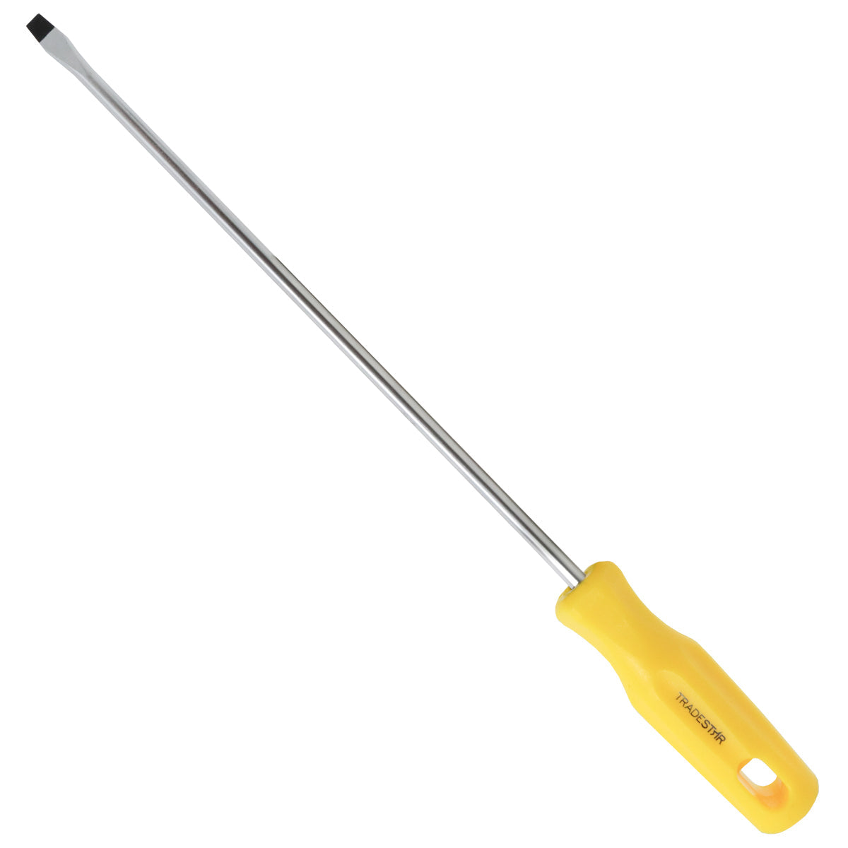 Chave de Fenda 1/4x10" Ponta Imantada Tradestar - Ferramenta manual com ponta chata, haste longa de aço e cabo ergonômico amarelo. Ideal para trabalhos de precisão e manutenção, com ponta magnetizada para facilitar o uso.