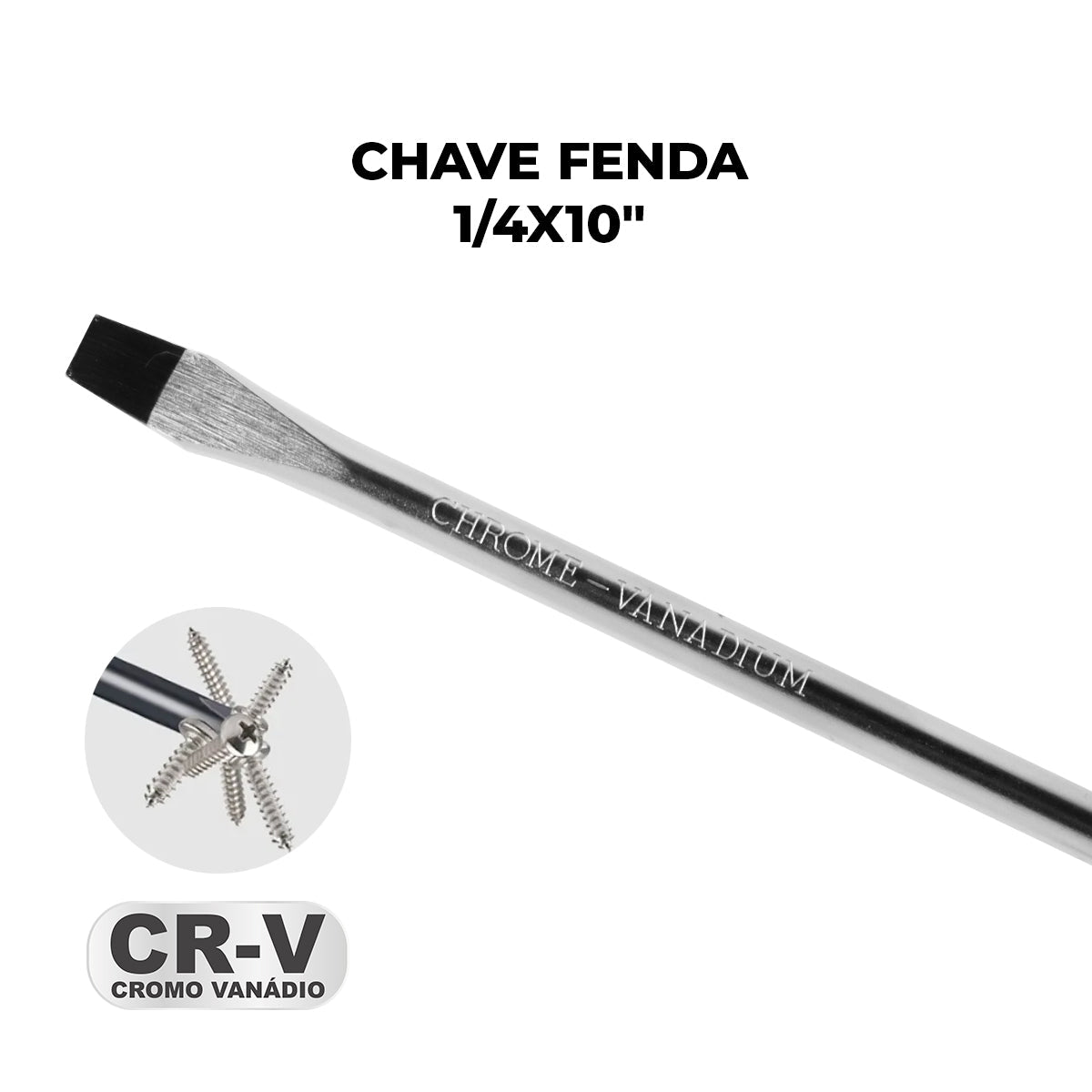 Chave de Fenda 1/4x10" Ponta Imantada Tradestar em aço cromo vanádio, ideal para precisão e durabilidade em projetos de bricolagem e profissionais. Ferramenta com ponta magnetizada, cabo ergonômico e design resistente para uso intensivo. Inclui detalhes sobre o material CR-V (Cromo Vanádio).