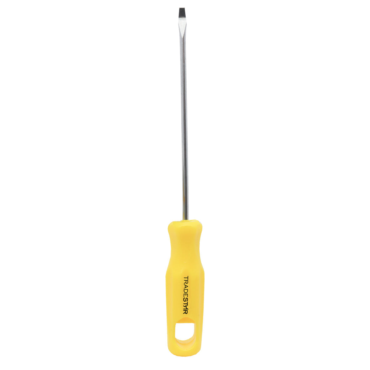 Chave de Fenda 1/8x4" Ponta Imantada Tradestar, com cabo ergonômico amarelo e haste de aço, ideal para precisão e durabilidade em projetos de bricolagem e manutenção. Ferramenta com ponta magnetizada para facilitar o uso.