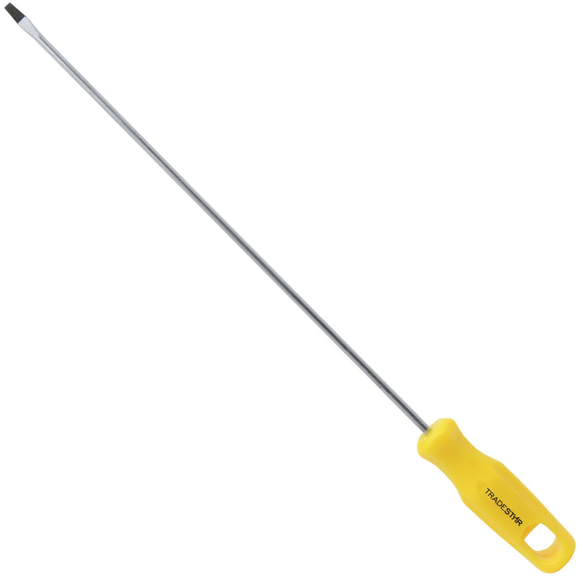 Chave de Fenda 1/8x8" Ponta Imantada Tradestar - Ferramenta manual de aço cromo vanádio com ponta magnetizada e cabo ergonômico amarelo para precisão e durabilidade em projetos de manutenção e montagem.