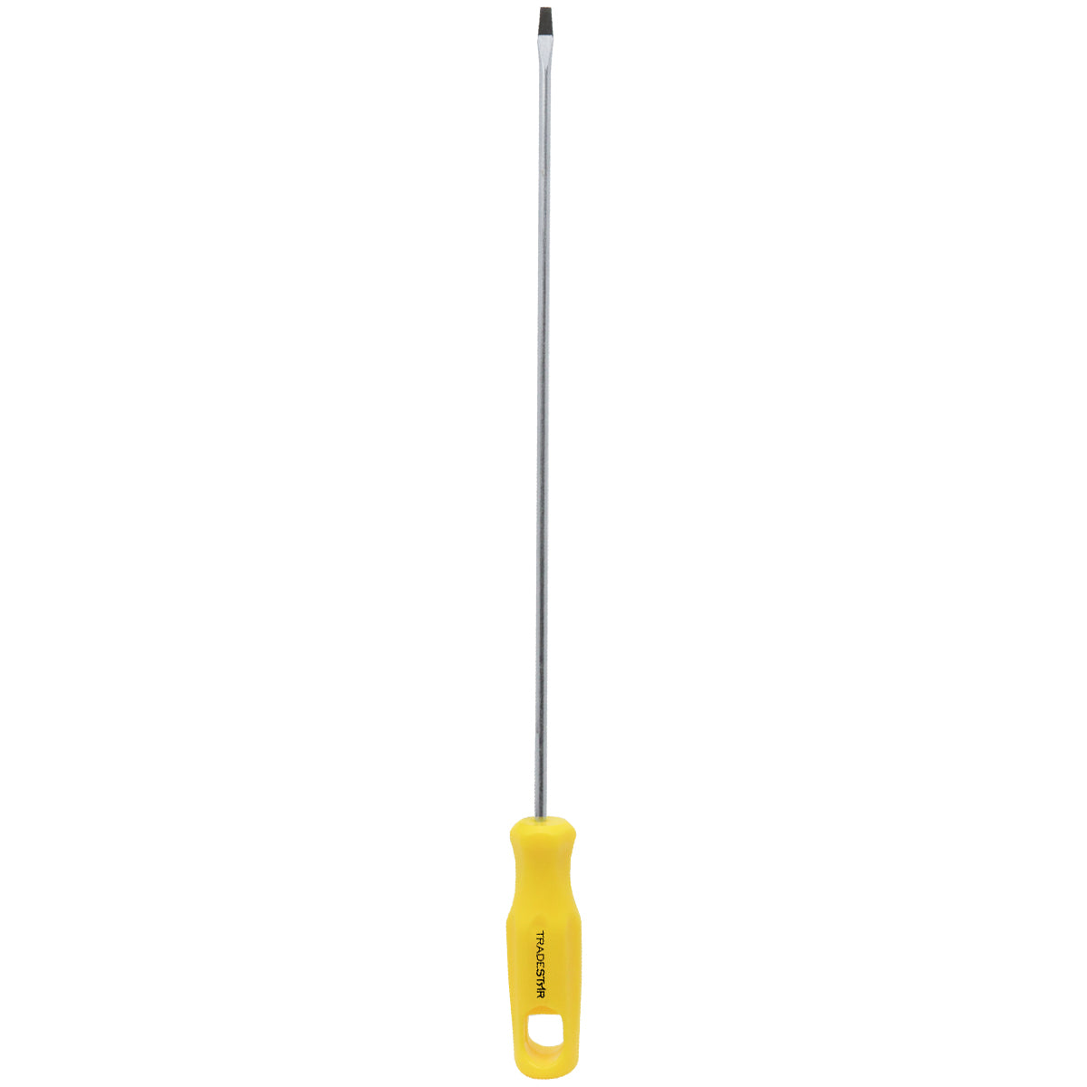 Chave de Fenda 1/8x8" Ponta Imantada Tradestar, com cabo ergonômico amarelo e haste de aço, ideal para trabalhos de precisão e manutenção. Ferramenta manual com ponta magnetizada para fixação de parafusos.