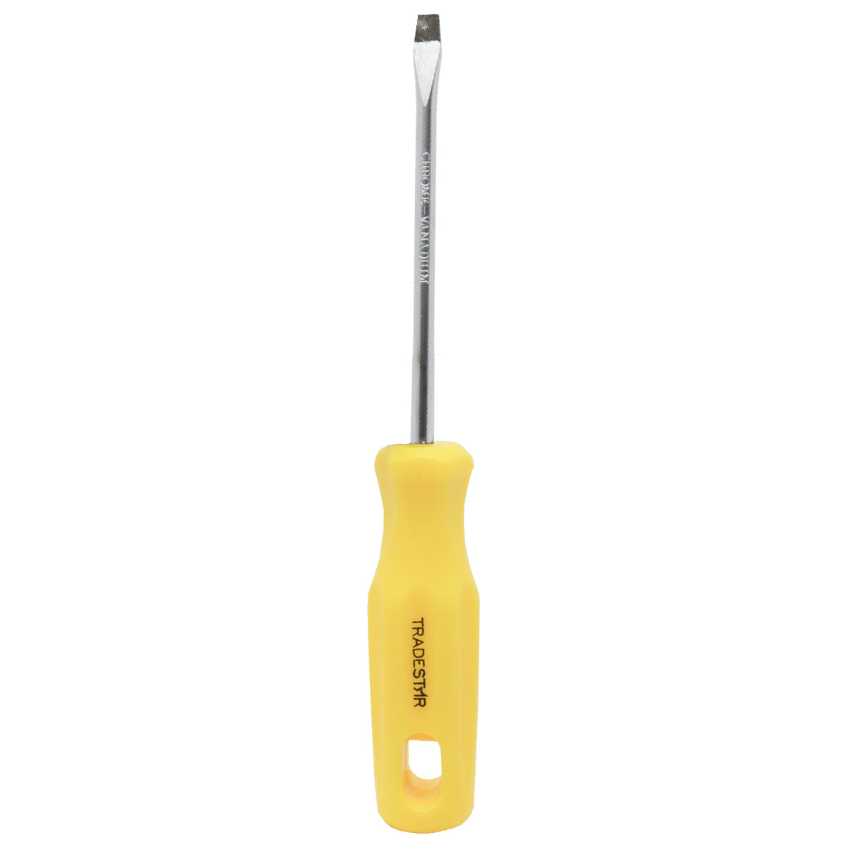 Chave de Fenda 3/16x4" Ponta Imantada Tradestar - Ferramenta manual com cabo ergonômico amarelo, ponta chata e haste de aço cromo vanádio. Ideal para precisão em reparos e montagens, com ponta magnetizada para facilitar o uso.