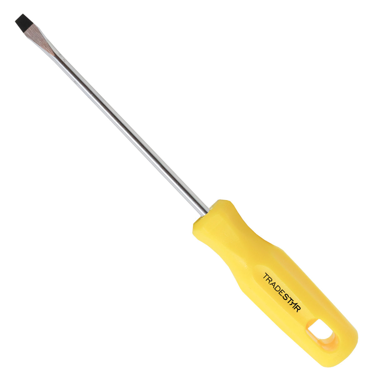Chave de Fenda 3/16x5" Ponta Imantada Tradestar, com cabo ergonômico amarelo e ponta magnetizada. Ferramenta ideal para precisão e durabilidade em projetos de bricolagem e manutenção. Fabricada em aço cromo vanádio.