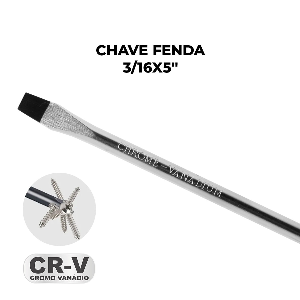 Chave de Fenda 3/16x5" Ponta Imantada Tradestar em aço cromo vanádio, ideal para parafusar. Ferramenta com ponta magnetizada e cabo ergonômico. Inclui detalhe da ponta segurando parafusos. CR-V Cromo Vanádio.