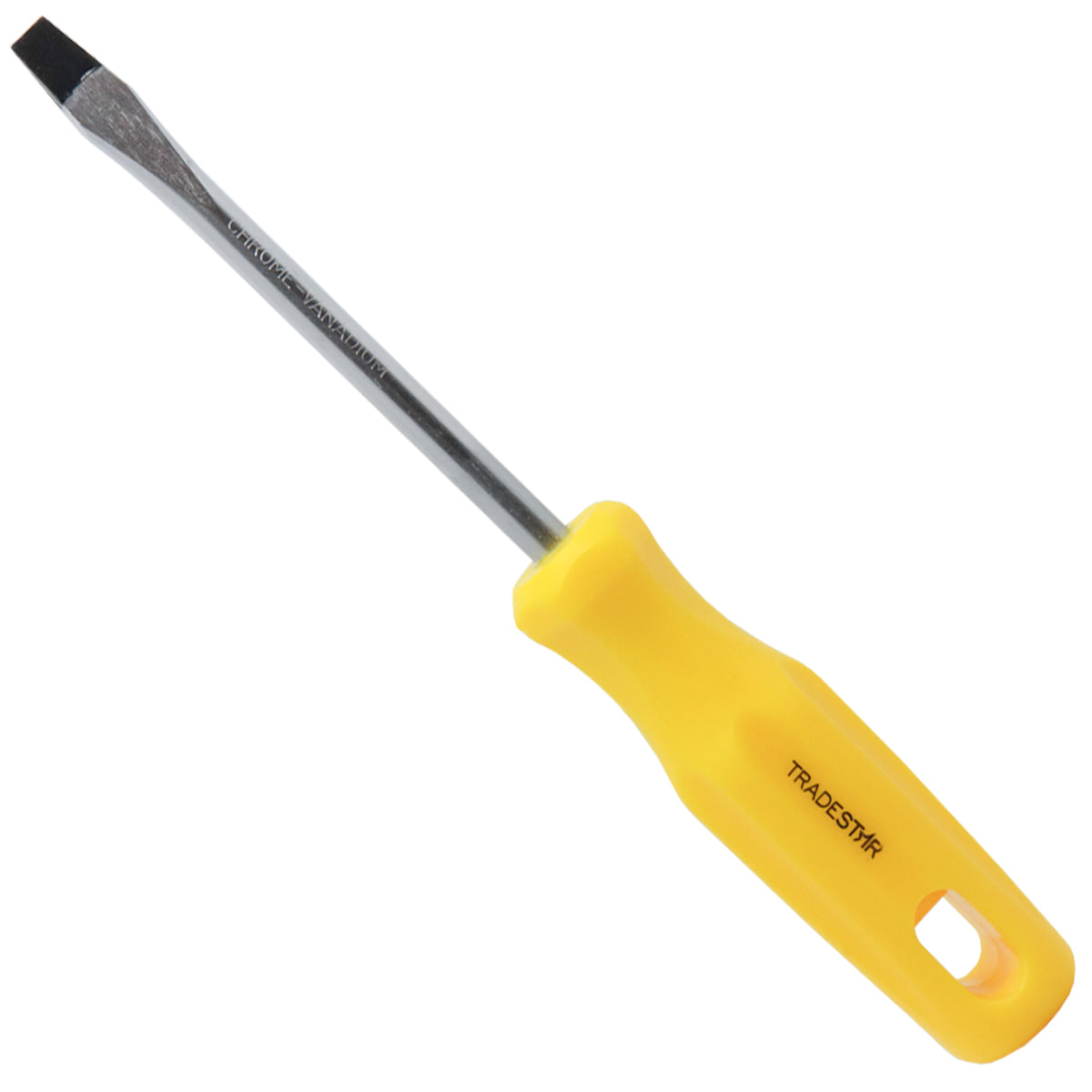 Chave de Fenda 5/16x5" Ponta Imantada Tradestar, ferramenta manual em aço cromo vanádio com cabo ergonômico amarelo, ideal para precisão e durabilidade em projetos de manutenção e montagem.