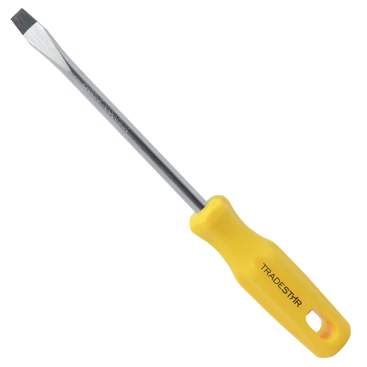 Chave de Fenda Tradestar 3/8x6" Ponta Imantada - Ferramenta de aço cromo vanádio com cabo ergonômico amarelo para precisão e durabilidade em trabalhos de manutenção e montagem. Ponta magnetizada para facilitar o uso.