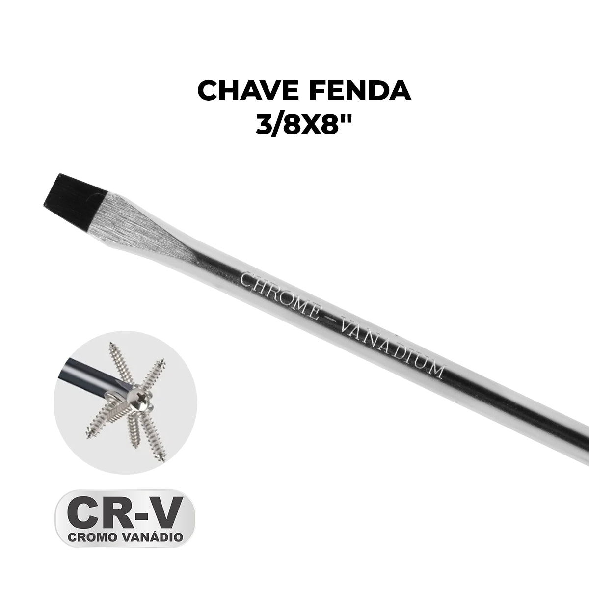 Chave de Fenda 3/8x8" Ponta Imantada Tradestar em aço cromo vanádio, ideal para trabalhos de precisão. Ferramenta com ponta magnetizada para fixação de parafusos e cabo ergonômico para conforto e segurança. Perfeita para montagem, reparos e projetos diversos. CR-V (Cromo Vanádio).