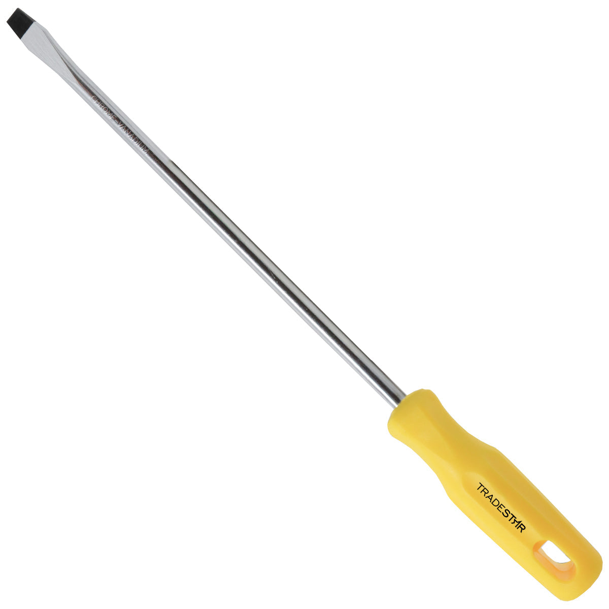 Chave de Fenda 3/16x10" Ponta Imantada Tradestar, ferramenta manual em aço cromo vanádio com cabo ergonômico amarelo, ideal para precisão e durabilidade em diversos projetos de manutenção e montagem. Ponta magnetizada para melhor fixação do parafuso.