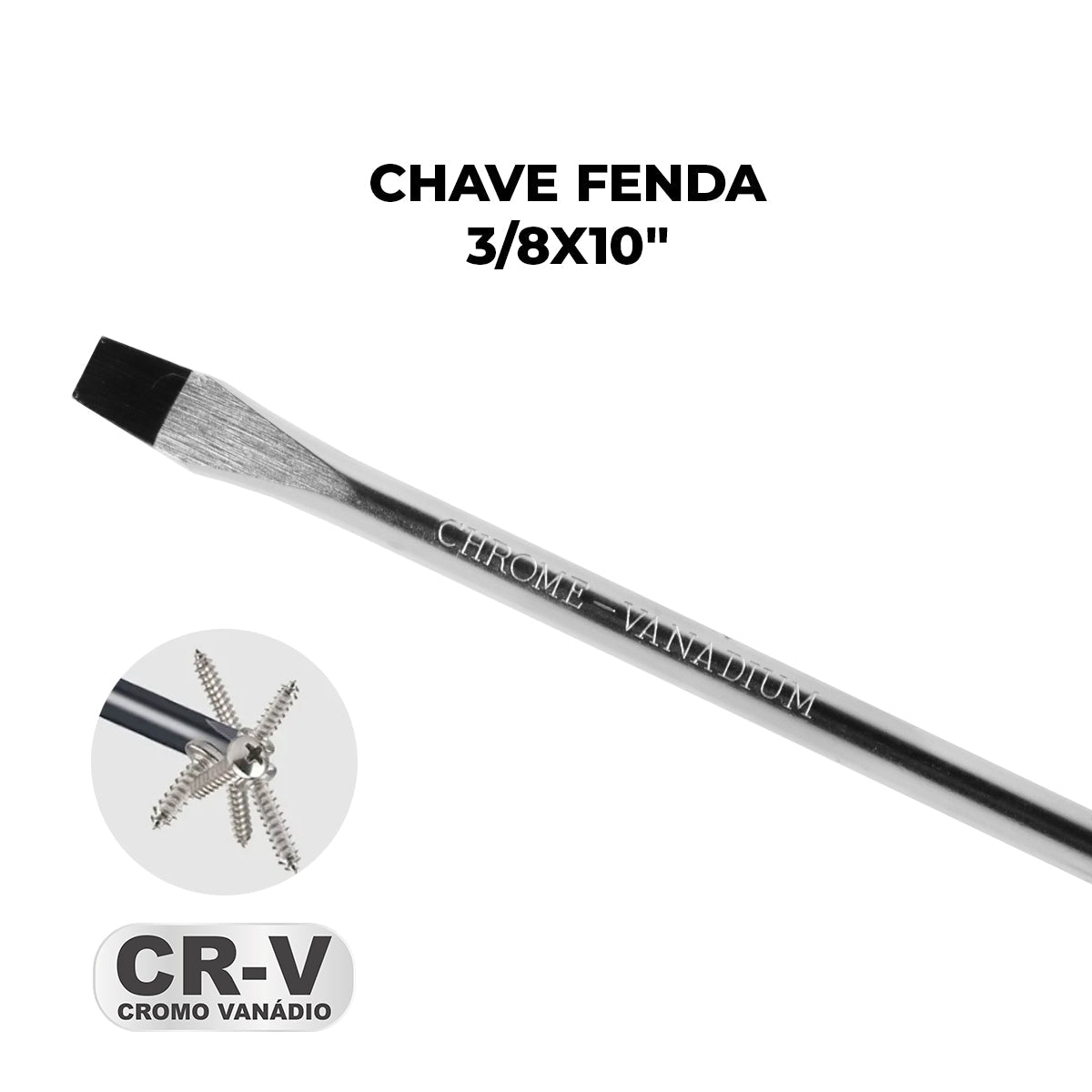 Chave de Fenda 3/8x10" Ponta Imantada Tradestar em aço cromo vanádio, ideal para precisão e durabilidade em projetos de manutenção e montagem. Possui ponta magnetizada e cabo ergonômico.