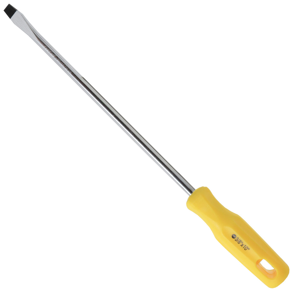 Chave de Fenda 3/8x10" Ponta Imantada Tradestar, ferramenta manual em aço cromo vanádio com cabo ergonômico amarelo, ideal para precisão e durabilidade em projetos de manutenção e montagem. Ponta magnetizada para melhor fixação de parafusos.
