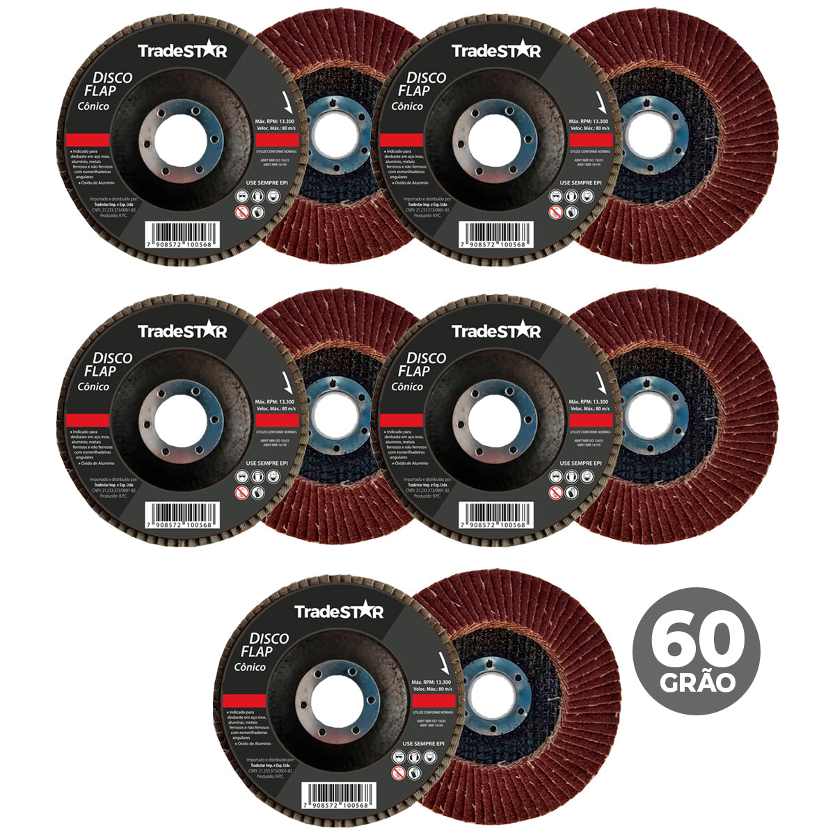 Kit 10 Discos de Desbaste Flap Cônico Metais Lixa G60 Tradestar - Discos abrasivos cônicos de óxido de alumínio para desbaste e acabamento em metais ferrosos e não ferrosos. Grão G60, formato cônico, ideal para uso em esmerilhadeiras. Marca Tradestar.