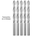 Broca em HSS Aço Rápido DIN 338 8x117mm Tradestar - Pacote com 5 brocas de aço rápido para perfuração em metal. Ferramenta de alta qualidade e durabilidade, ideal para uso profissional e hobby.