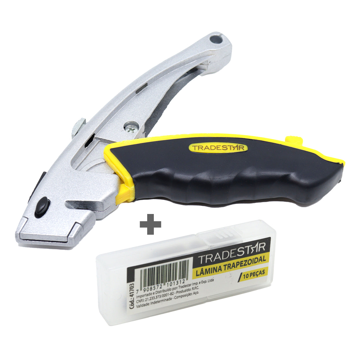 Kit Estilete Trapezoidal 18mm com 26 unidades e refil com 50 lâminas. Estilete profissional com cabo emborrachado para corte preciso de papel, papelão, tecidos e outros materiais. Inclui lâminas trapezoidais de alta qualidade e trava de segurança.