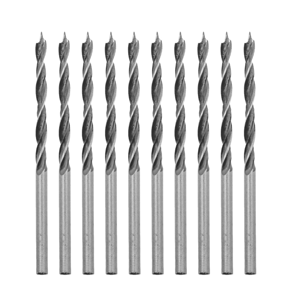 Brocas para madeira Tradestar 3x60mm em aço carbono com 3 pontas, pacote com 10 unidades. Ferramenta para perfuração precisa em madeira, ideal para carpinteiros e hobbistas. Brocas com ponta afiada e design helicoidal para remoção eficiente de resíduos.