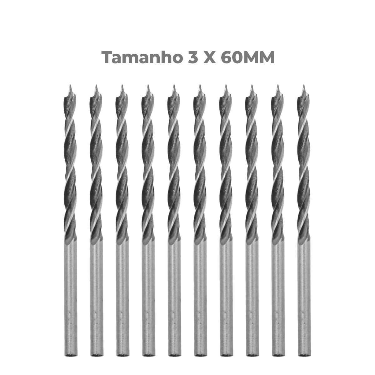 Brocas para madeira Tradestar em aço carbono 3 pontas 3x60mm - Pacote com 10 unidades. Ferramenta para perfuração precisa em madeira, com design de 3 pontas e canais helicoidais para remoção de resíduos e corte eficiente.