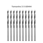 Brocas para madeira Tradestar em aço carbono 3 pontas 3x60mm - Pacote com 10 unidades. Ferramenta para perfuração precisa em madeira, com design de 3 pontas e canais helicoidais para remoção de resíduos e corte eficiente.