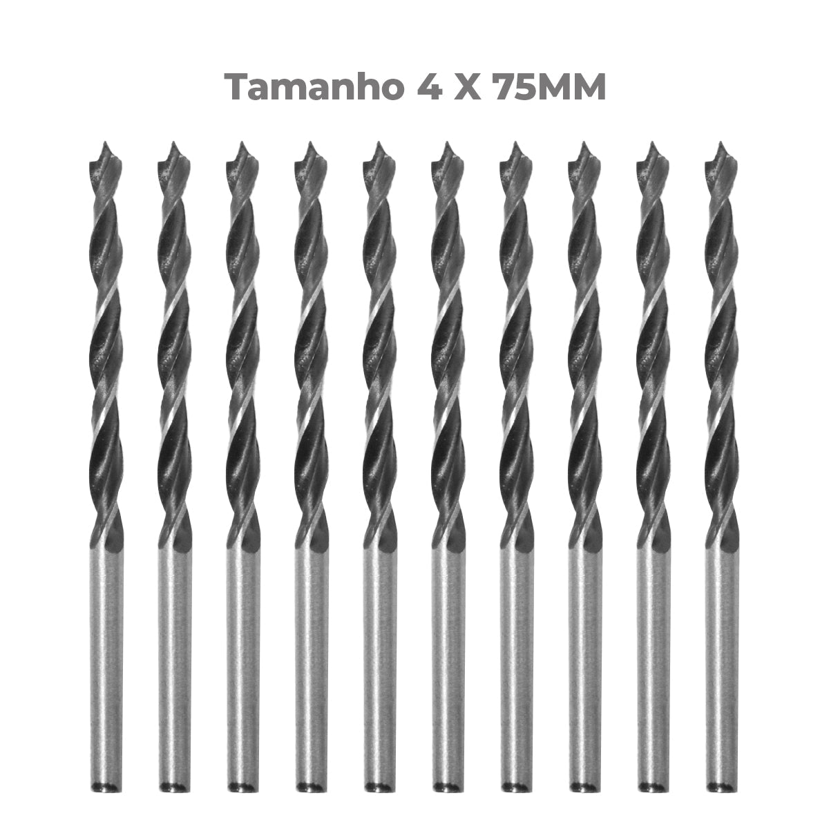 Brocas para madeira Tradestar em aço carbono 3 pontas 4x75mm. Pacote com 10 unidades. Ferramenta de alta performance para furos precisos em madeira. Brocas com pontas afiadas e canais helicoidais para remoção de resíduos. Ideal para carpinteiros, mecânicos e hobbistas.