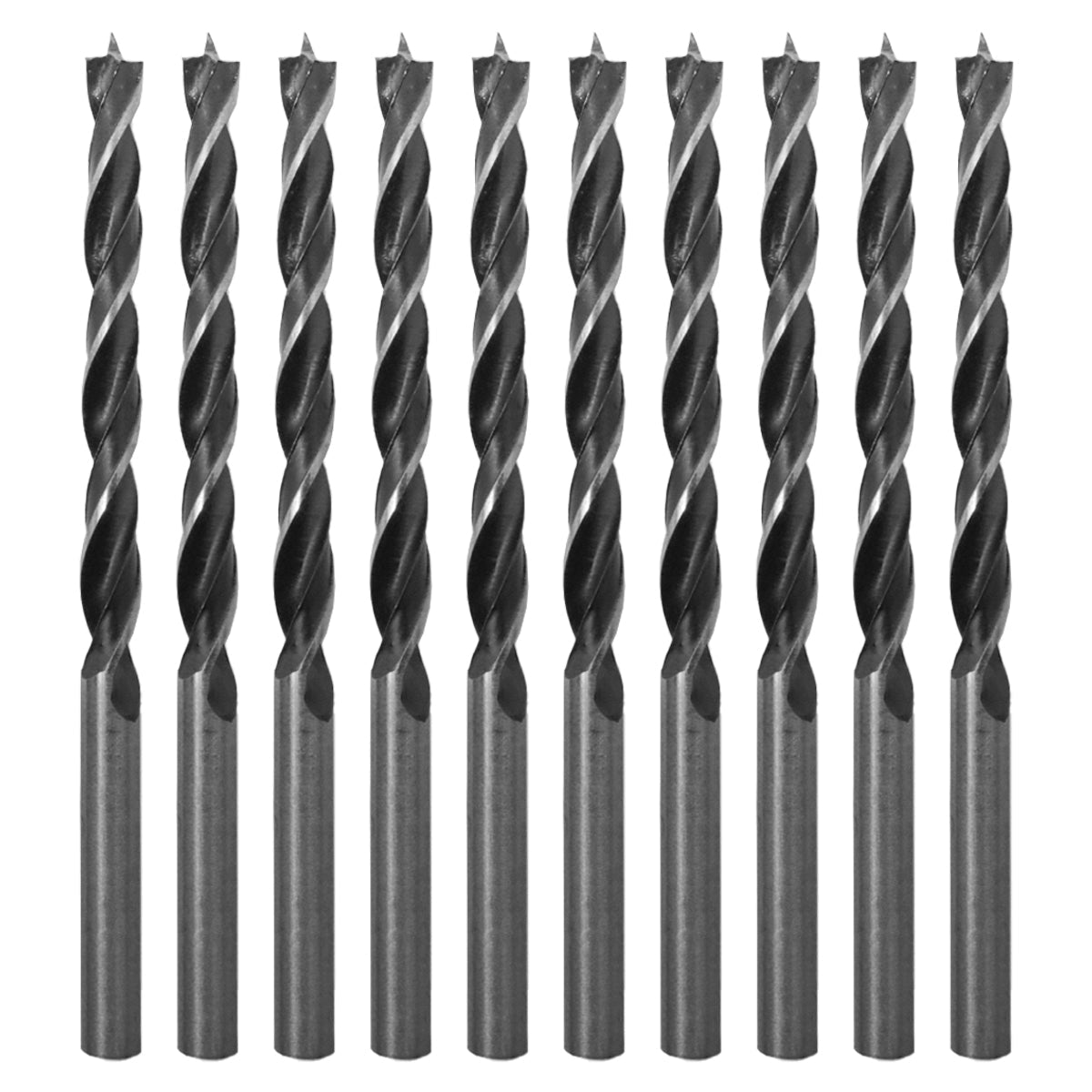Brocas para madeira Tradestar em aço carbono 3 pontas 5x85mm - Pacote com 10 unidades. Ferramenta para perfuração precisa em madeira, com design helicoidal e pontas afiadas para corte eficiente. Ideal para carpinteiros, marceneiros e hobbistas.