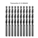 Broca para madeira em aço carbono 3 pontas 5x85mm Tradestar - Pacote com 10 unidades. Ferramenta de alta performance para furos precisos em madeira. Ideal para carpinteiros, marceneiros e hobbistas. Qualidade e durabilidade garantidas.