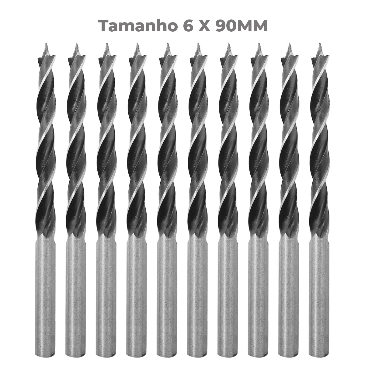 Broca para madeira em aço carbono Tradestar 3 pontas 6x90mm - Pacote com 10 unidades. Ferramenta ideal para perfurações precisas em madeira, com design de 3 pontas e canais helicoidais para remoção eficiente de resíduos. Perfeita para carpinteiros, mecânicos e hobbistas.