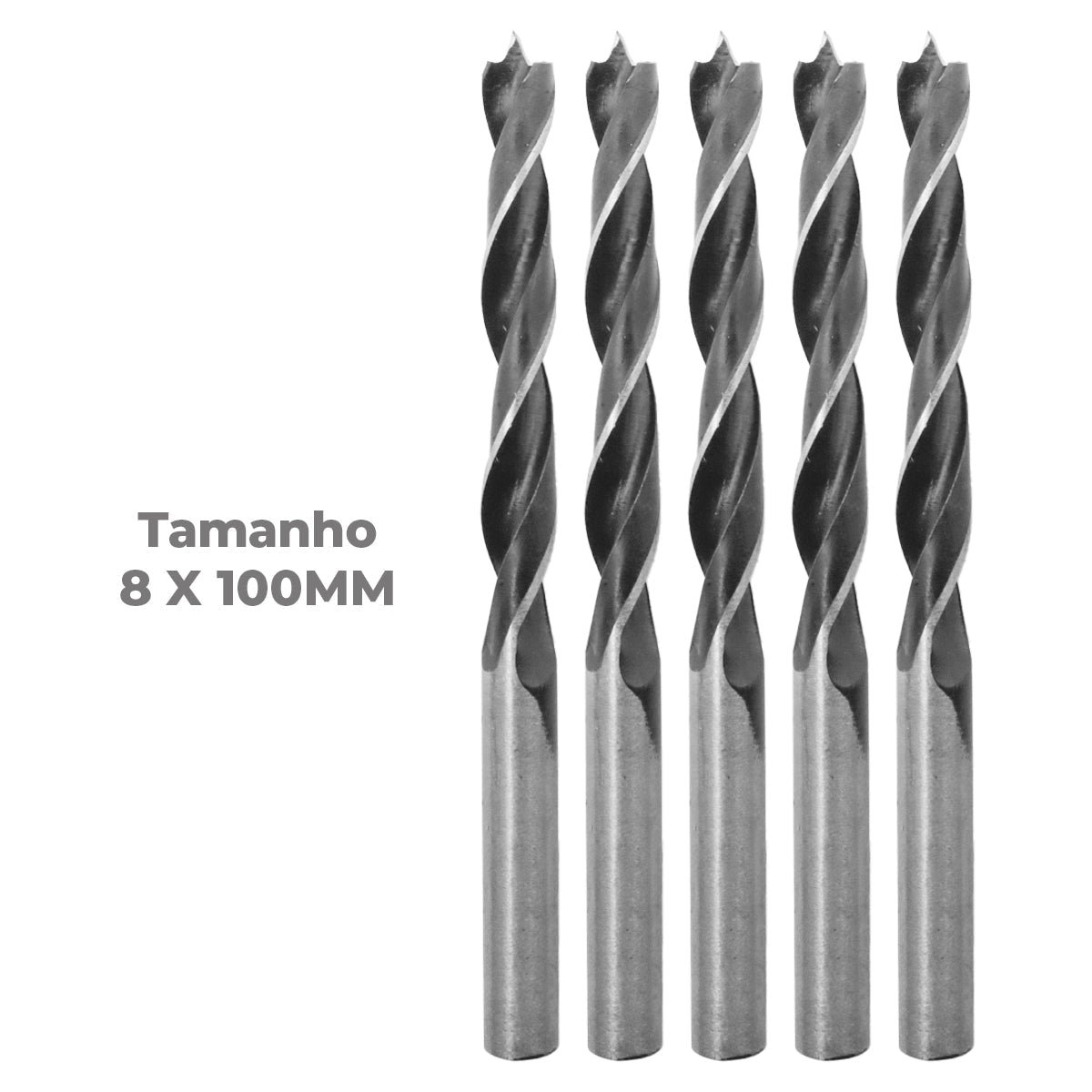 Broca para madeira em aço carbono 3 pontas Tradestar 8x100mm - Pacote com 5 unidades. Ferramenta de alta performance para furos precisos em madeira. Ideal para carpinteiros, marceneiros e hobbistas. Qualidade e durabilidade garantidas.