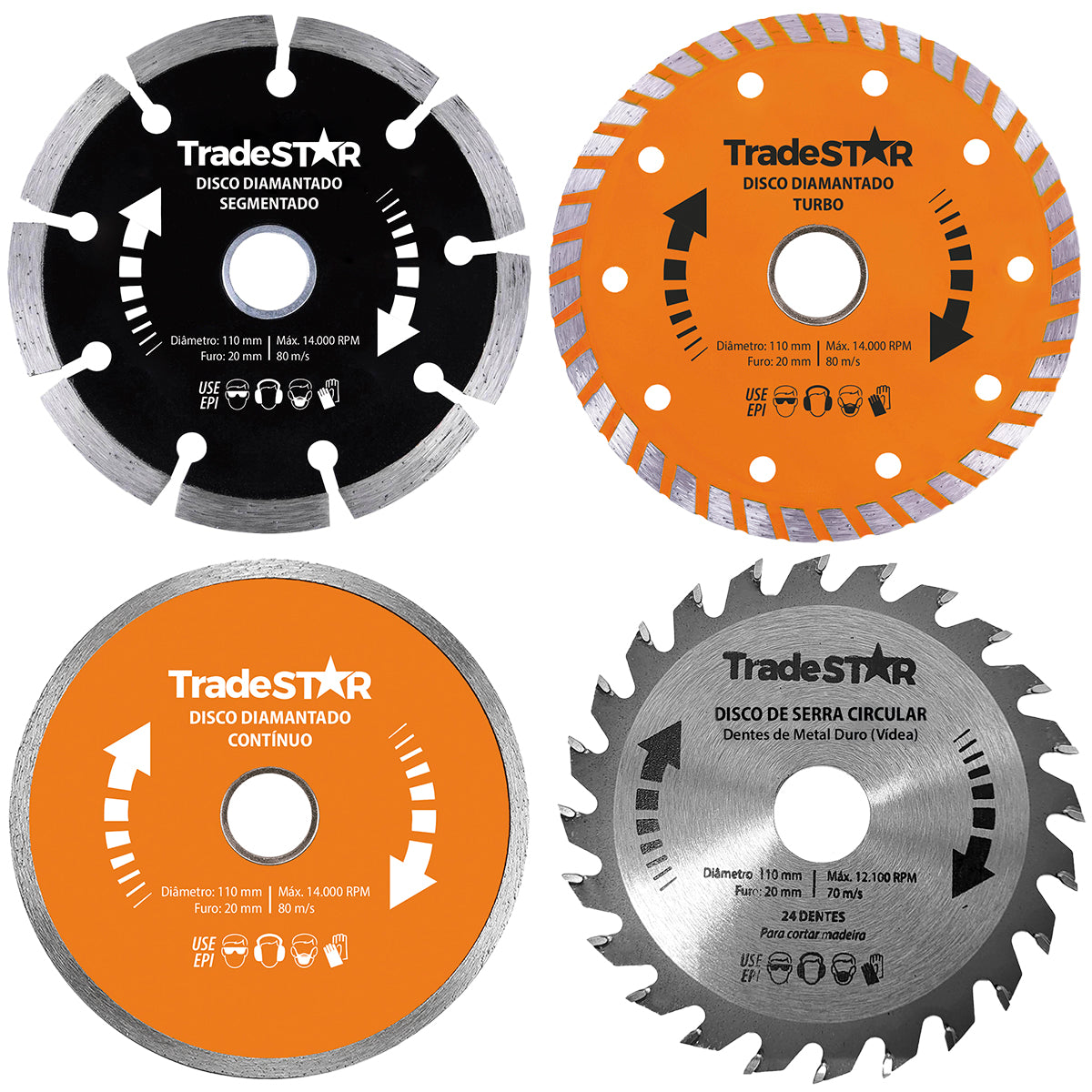 Kit 4 Discos de Corte TradeStar 110x20 para Serra Mármore: diamantado segmentado, turbo, contínuo e serra circular vídea. Ideal para cortes precisos em diversos materiais como concreto, tijolo, lajota e madeira. Ferramentas TradeStar de alta qualidade e durabilidade.