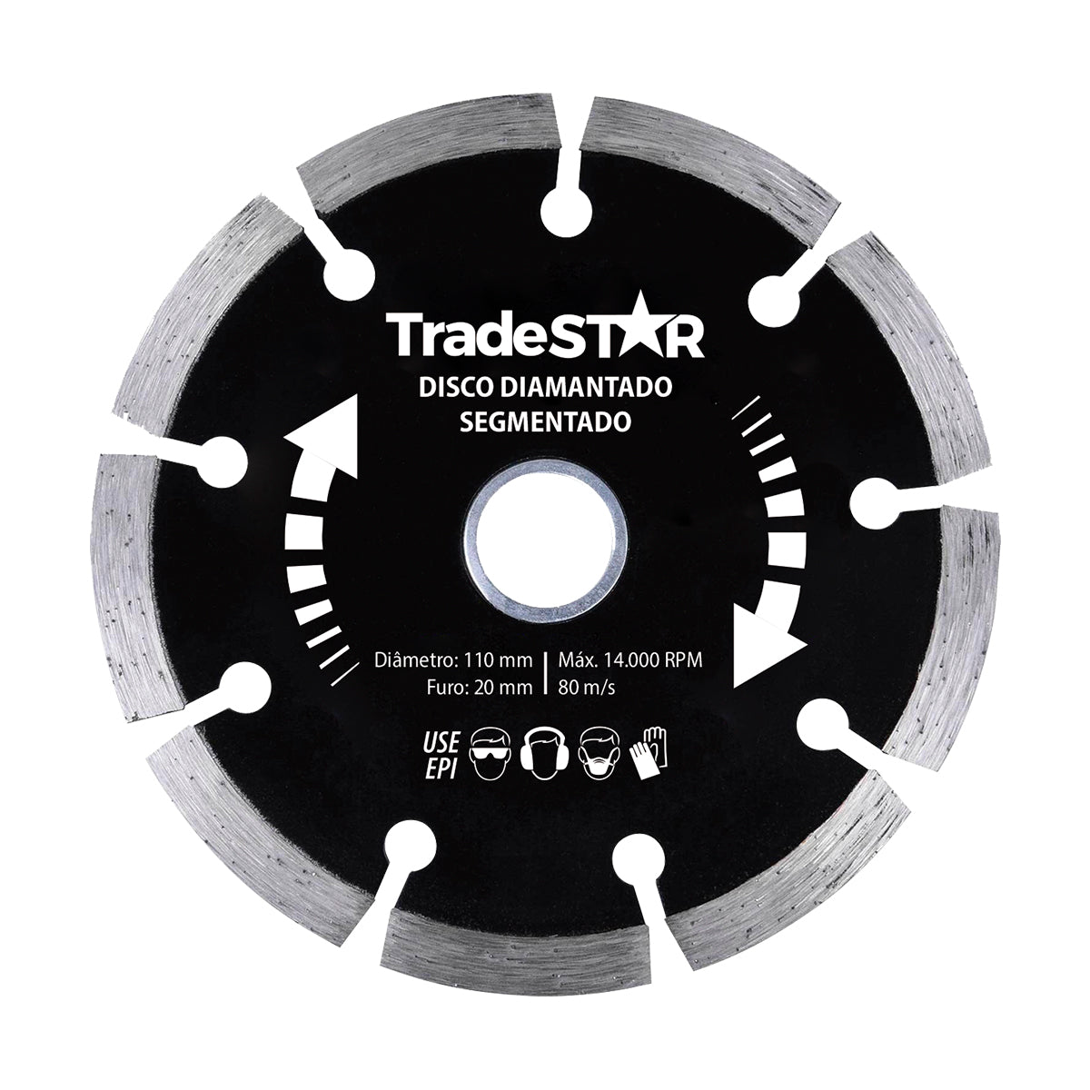 Disco de Corte Diamantado Segmentado TradeStar 110x20mm para serra mármore. Ideal para cortes precisos em concreto, tijolo e lajota. Ferramenta de alta performance para construção e reforma.