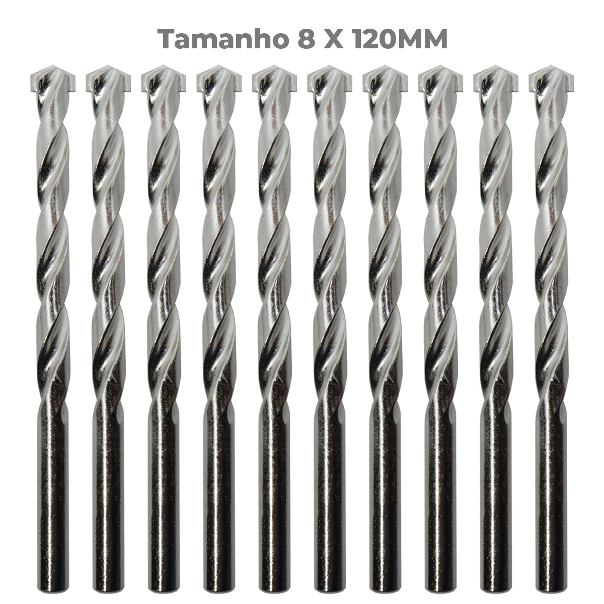 Broca para concreto 8x120mm Tradestar, pacote com 10 unidades. Brocas helicoidais de metal duro para furadeira, ideais para perfurar concreto, pedra e alvenaria. Ferramenta essencial para construção e reformas.