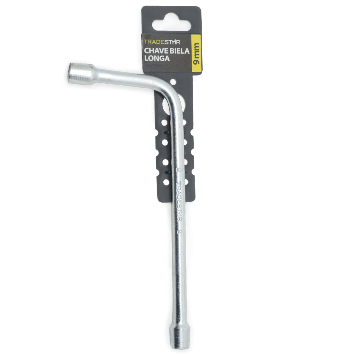 Chave Biela em L 9mm Tradestar para trabalhos mecânicos e automotivos. Ferramenta em aço carbono galvanizado, ideal para apertar e soltar parafusos e porcas em locais de difícil acesso. Perfeita para reparos automotivos, manutenção de máquinas e montagem de estruturas.