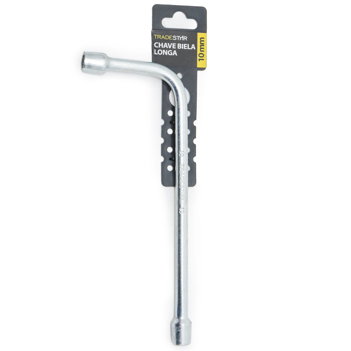 Chave Biela em L 10mm Trade Star para trabalhos mecânicos e automotivos. Ferramenta em aço carbono galvanizado, ideal para apertar e soltar parafusos e porcas em locais de difícil acesso. Chave longa, resistente e durável, perfeita para reparos automotivos, manutenção de máquinas e montagem de estruturas.