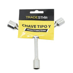 Chave Soquete Ninja Com 3 Pontas 10-11-13mm Tradestar - Ferramenta Y para aperto e desaperto de parafusos e porcas em aço carbono, ideal para mecânica e manutenção. Chave tipo Y com três tamanhos de soquete: 10mm, 11mm e 13mm.