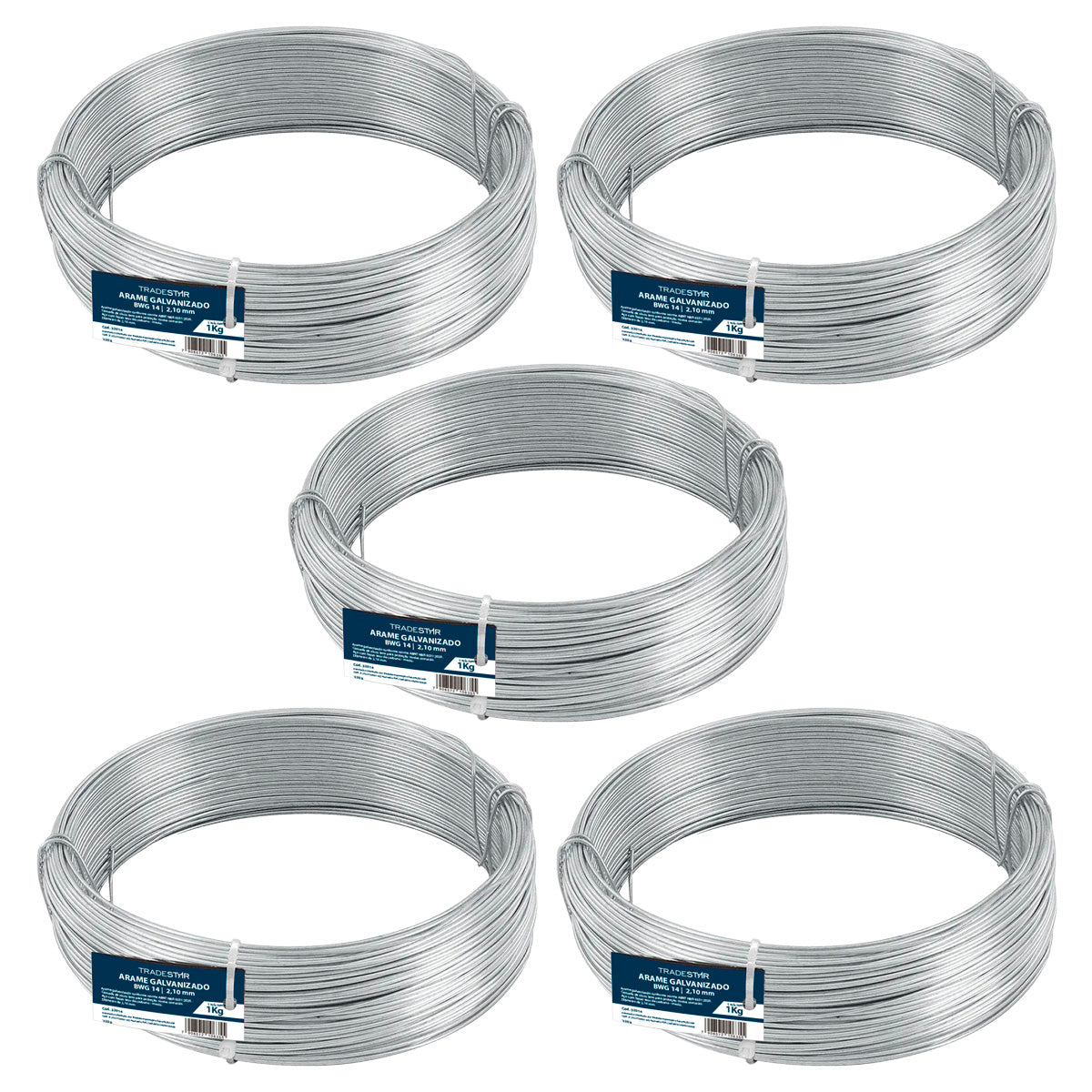 Kit com 5 rolos de arame galvanizado Nº14 BWG 14 Tradestar, fio 2,10mm liso, 1kg cada. Ideal para construção civil, jardinagem, artesanato e fixações diversas. Arame resistente à corrosão, flexível e com acabamento liso.