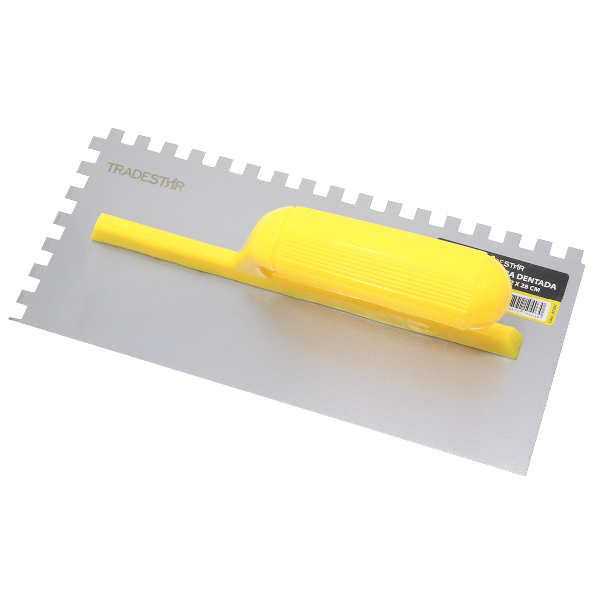 Desempenadeira de aço dentada Tradestar 28x12cm com cabo plástico amarelo, ideal para aplicação de argamassa em projetos de revestimento, assentamento de azulejos e ladrilhos. Ferramenta profissional para resultados impecáveis.
