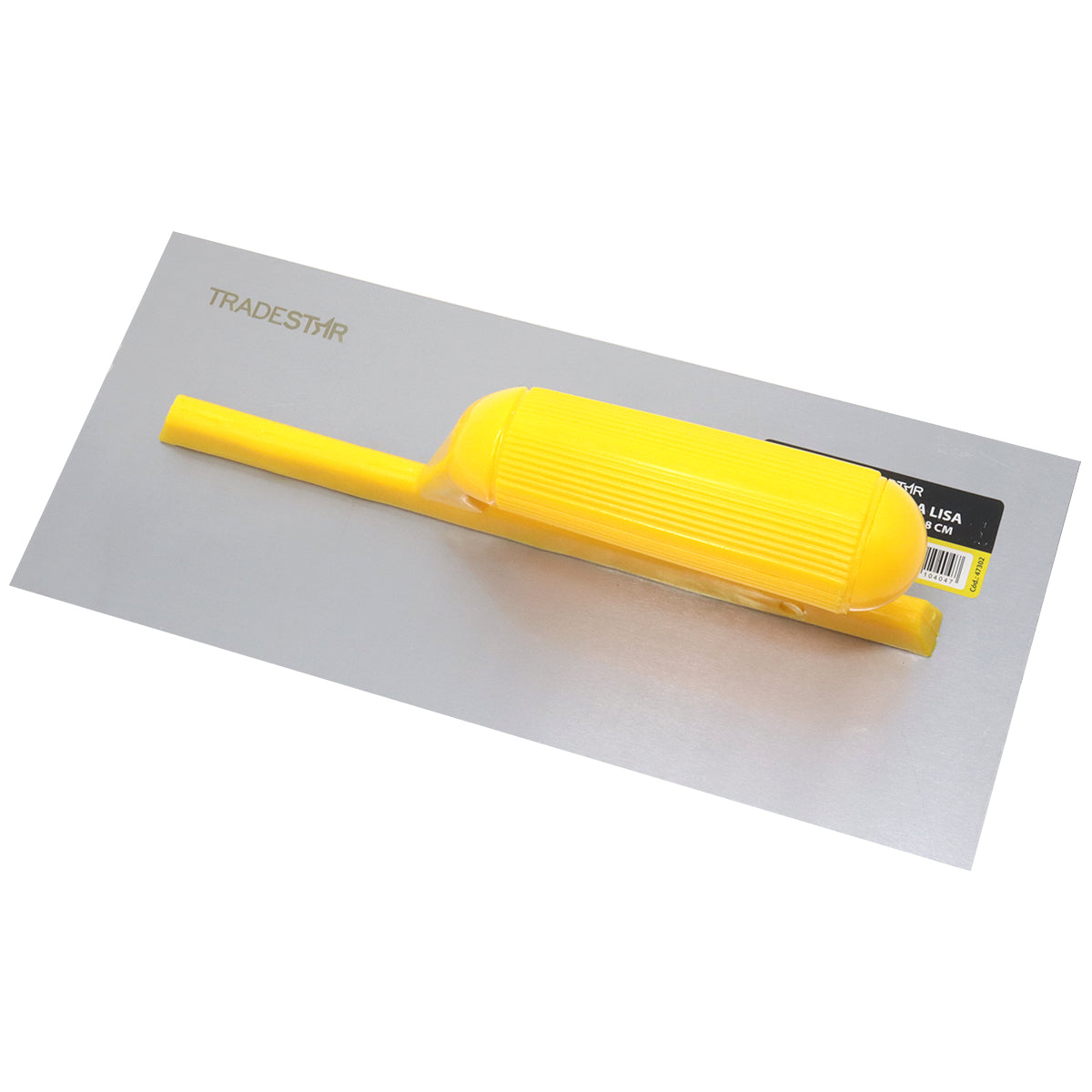 Desempenadeira de aço lisa 28x12cm com cabo plástico amarelo Tradestar, ideal para construção e acabamento em superfícies de reboco, argamassa, gesso e outros revestimentos. Ferramenta leve e eficiente para nivelar, alisar e garantir um acabamento perfeito em paredes, tetos e pisos.