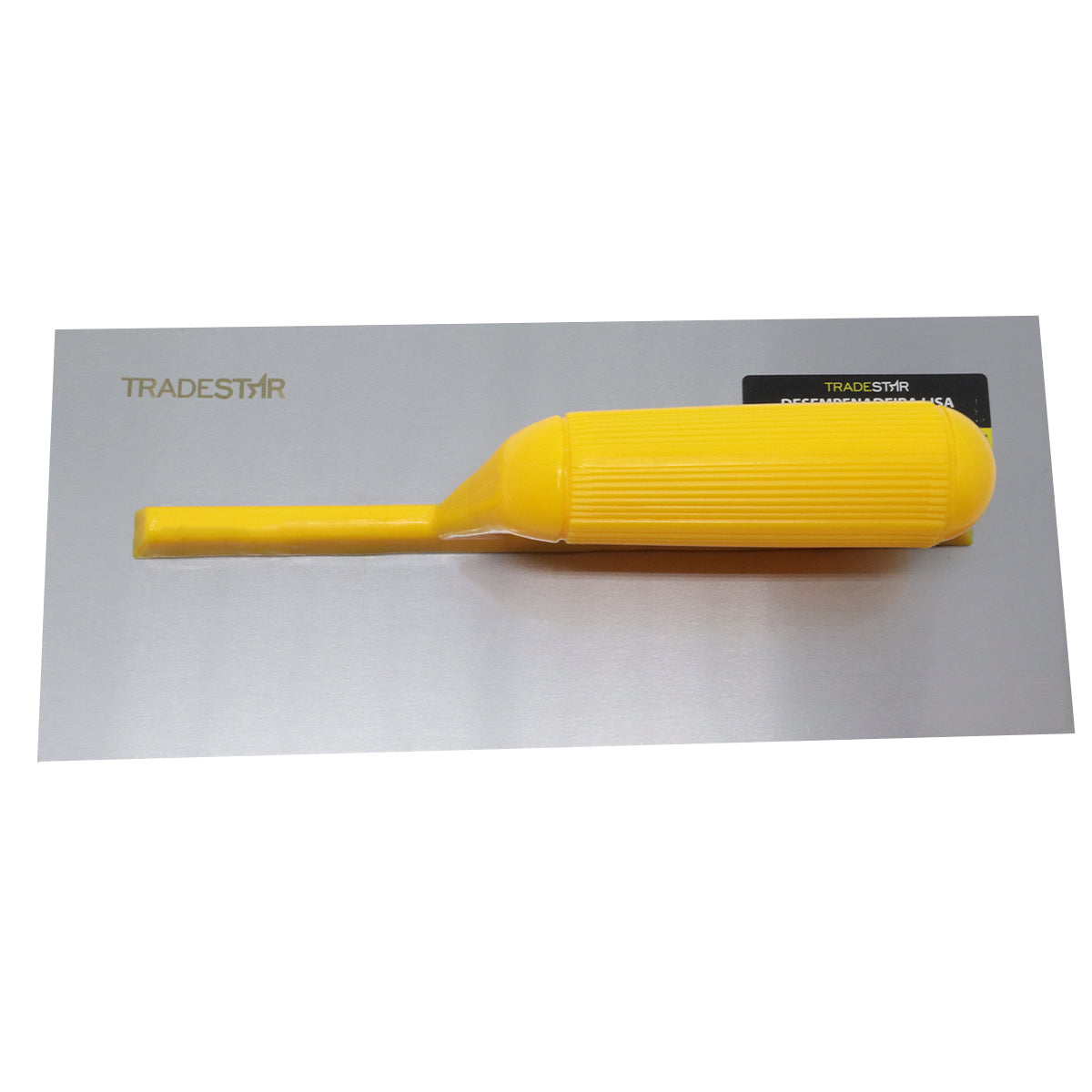 Desempenadeira Aço Lisa 28x12mm Cabo Plástico Tradestar - Ferramenta para construção e acabamento, ideal para aplicar, nivelar e alisar argamassa, reboco e outros revestimentos. Garante acabamento liso e uniforme. Cabo ergonômico amarelo.